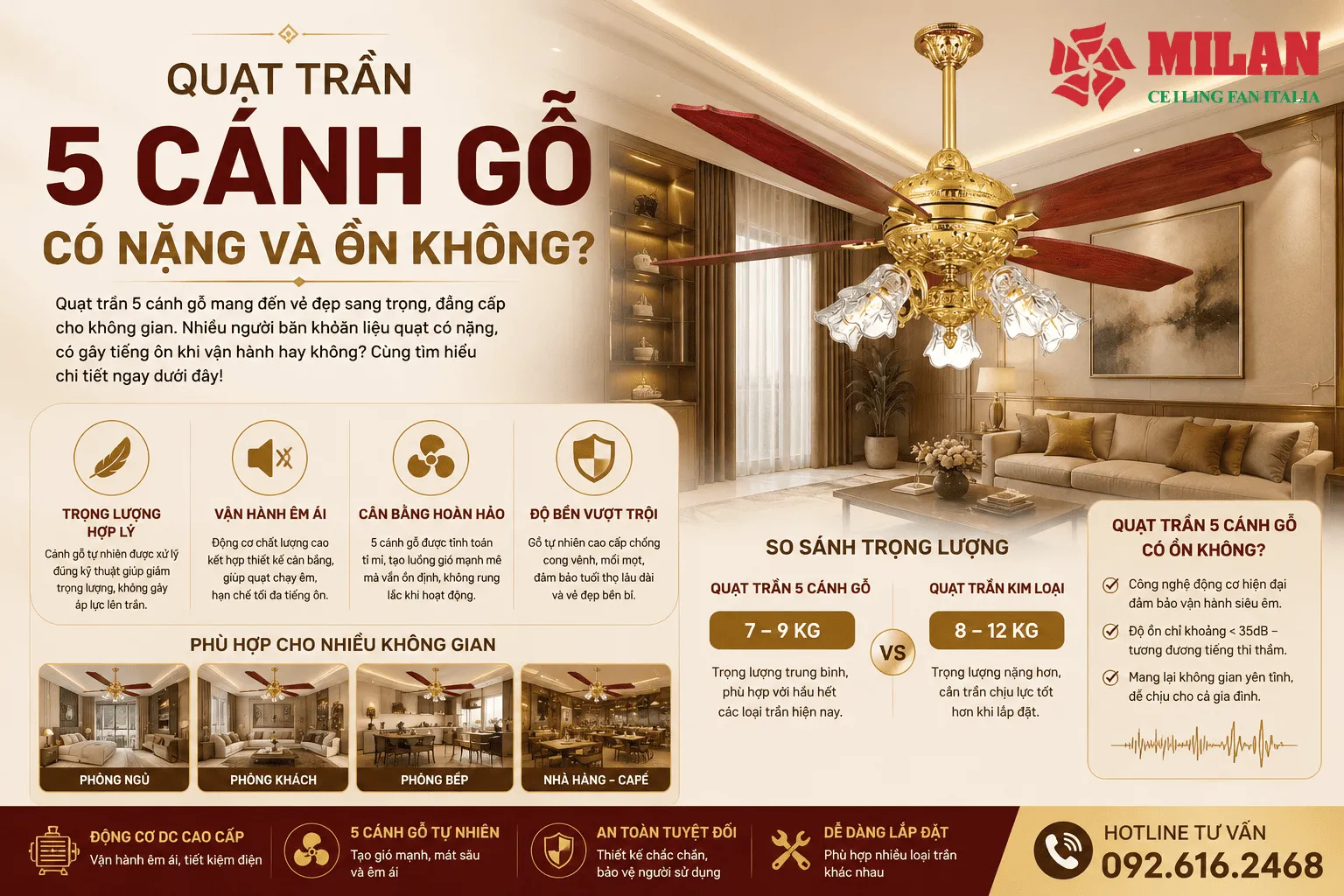 quạt trần 5 cánh gỗ có nặng và ồn không